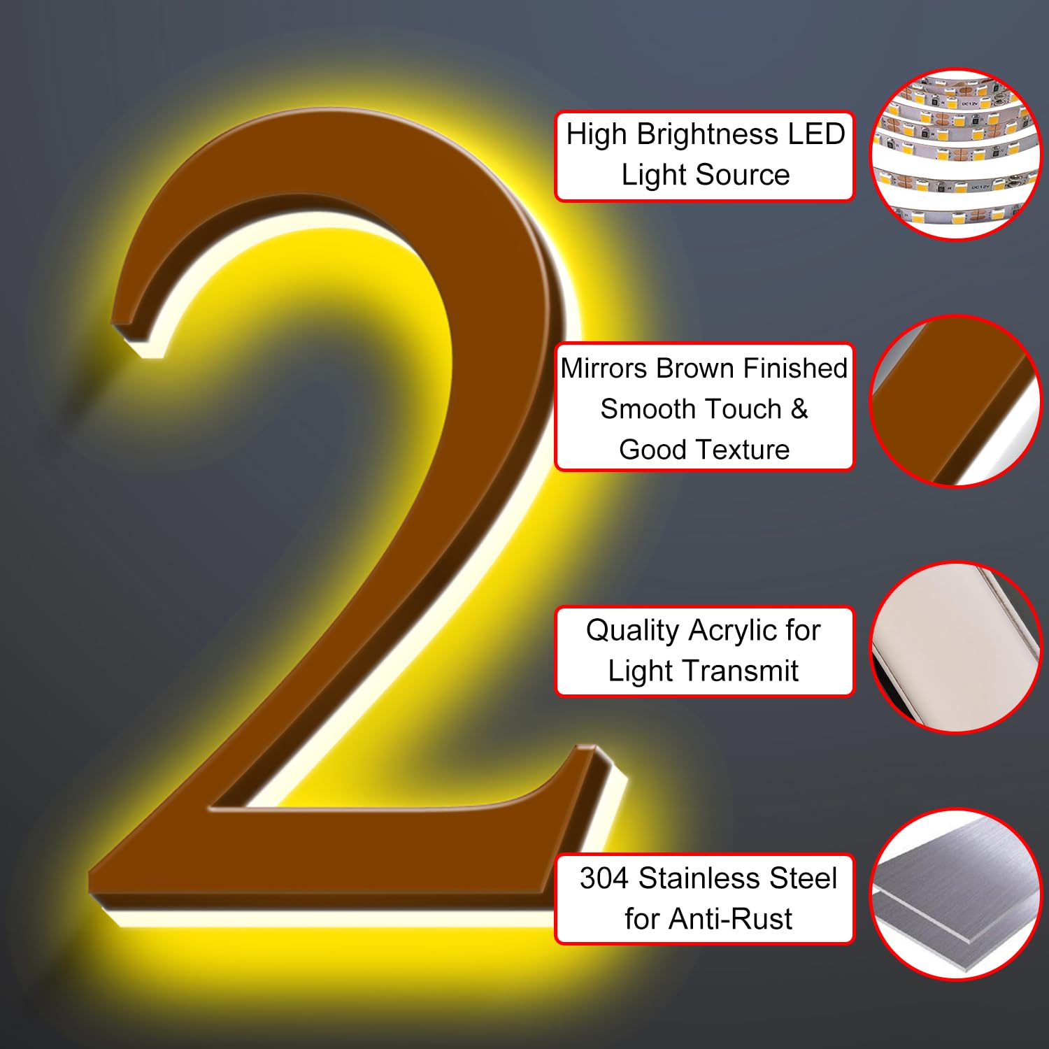 Numero Civico Illuminato A LED Retroilluminato 20", Numeri di Indirizzo Grandi E Moderni Illuminati, Acciaio Inossidabile Lucidato Per Insegne Indirizzi Case Illuminate, Marrone, Luce Gialla