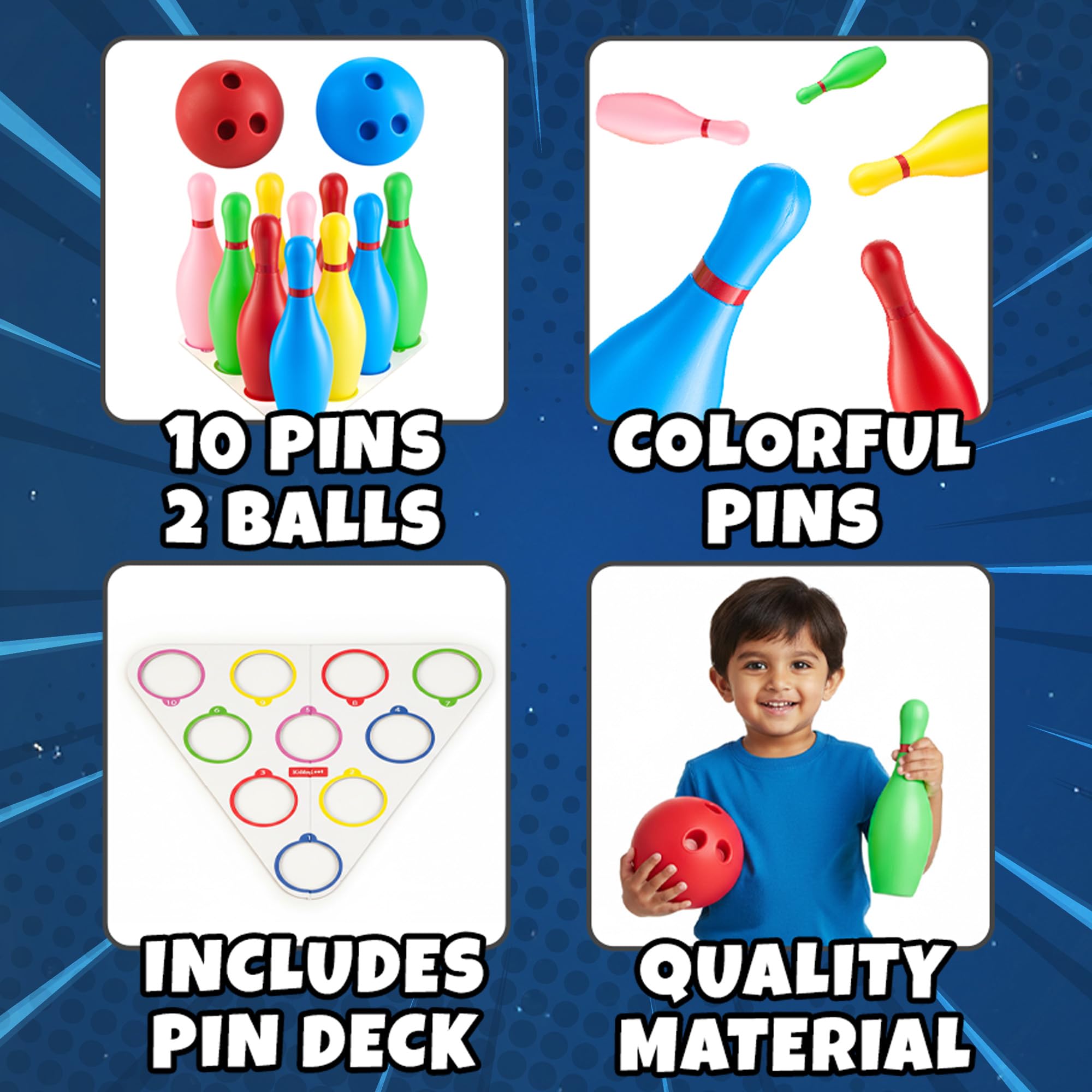 Bowling-Set für Kinder mit 10 bunten Kegeln und 2 leichten Bällen, lustiges Spiel für drinnen und draußen, ideal für aktives Spiel, Lernen und Geschenke für Jungen und Mädchen ab 3 Jahren