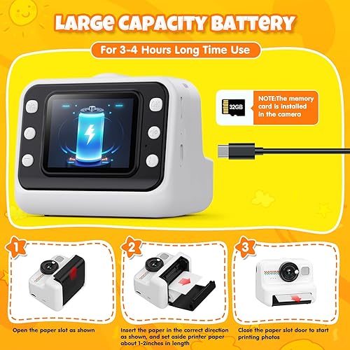 Miniatura 7 de Cámara de impresión instantánea para niños, cámara HD 1080P para niños, impresión instantánea con 3 rollos de papel de impresión y tarjeta de 32 GB,