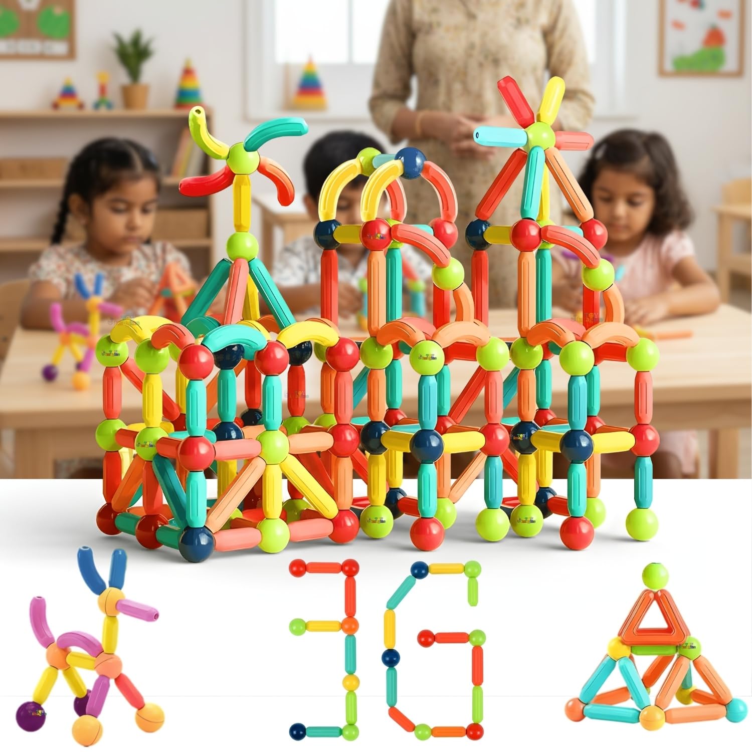 Toy Imagine Magnetic Building Blocks for Kids | Construction STEM Building Toys for Kids 2-5 Years | Safe Magnetic Blocks for Toddlers, Boys & Girls | Educational Blocks & Magnet Toys (36pcs)