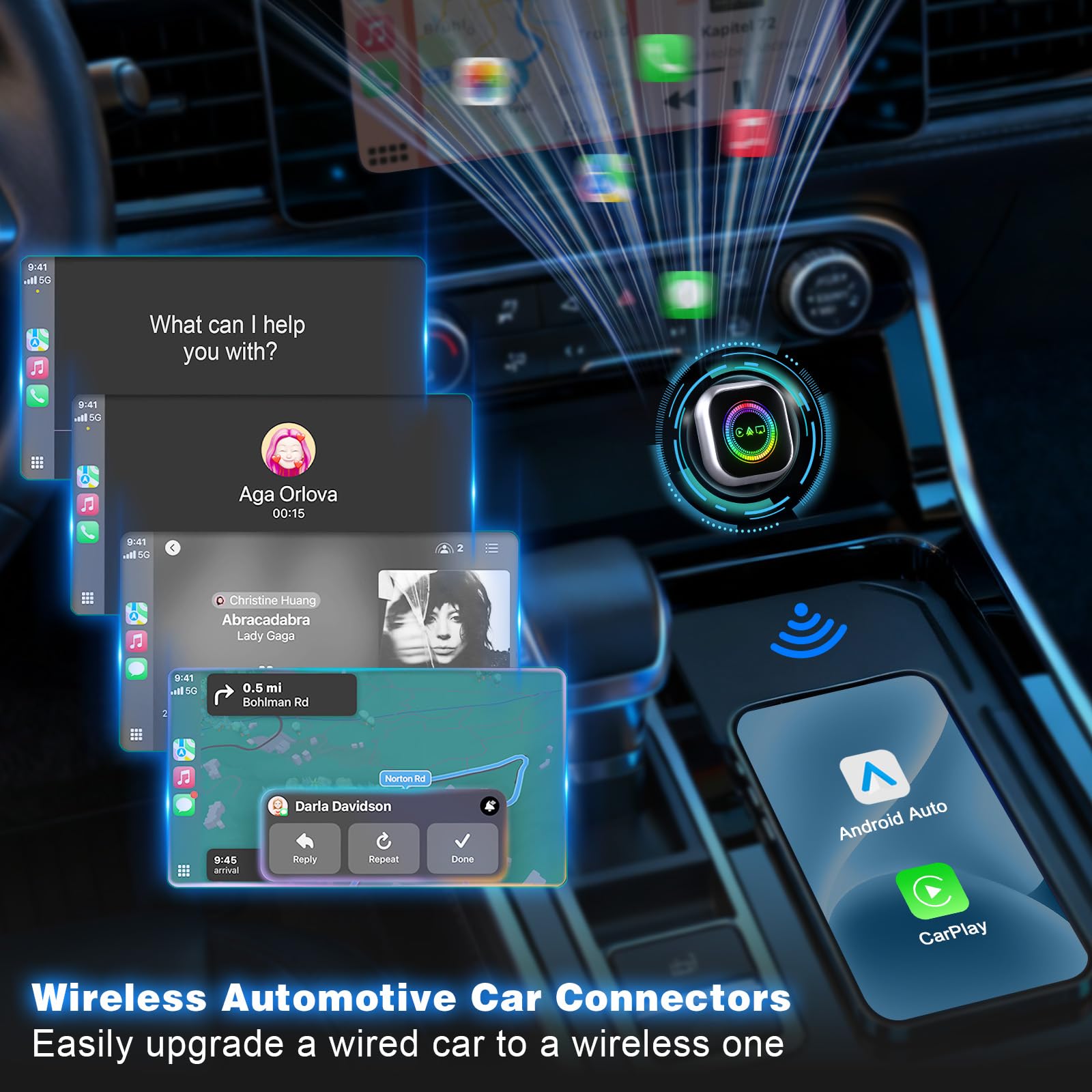 Adaptateur CarPlay & Android Auto & Air Play sans Fil 3 en 1, Nouveau CarPlay sans Fil, Projection Air Play, Reconnexion Automatique, Bluetooth 5.0 et WiFi 5.8GHz, Compatible iOS 10+, Android 11+