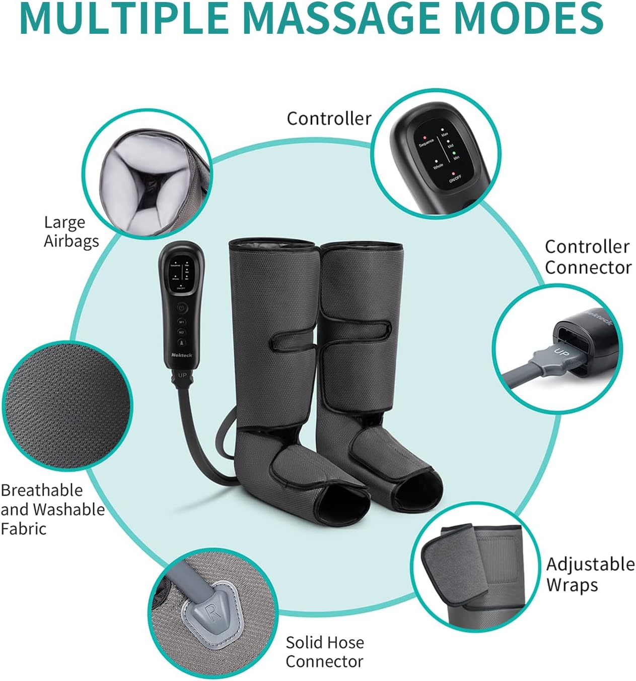 Nekteck Leg Massager for Circulation and Relaxation, Air Compression Foot and Calf Massager to Relieve Pain Edema Swelling with 2 Size Extensions, Gift for Mom Dad Men Women