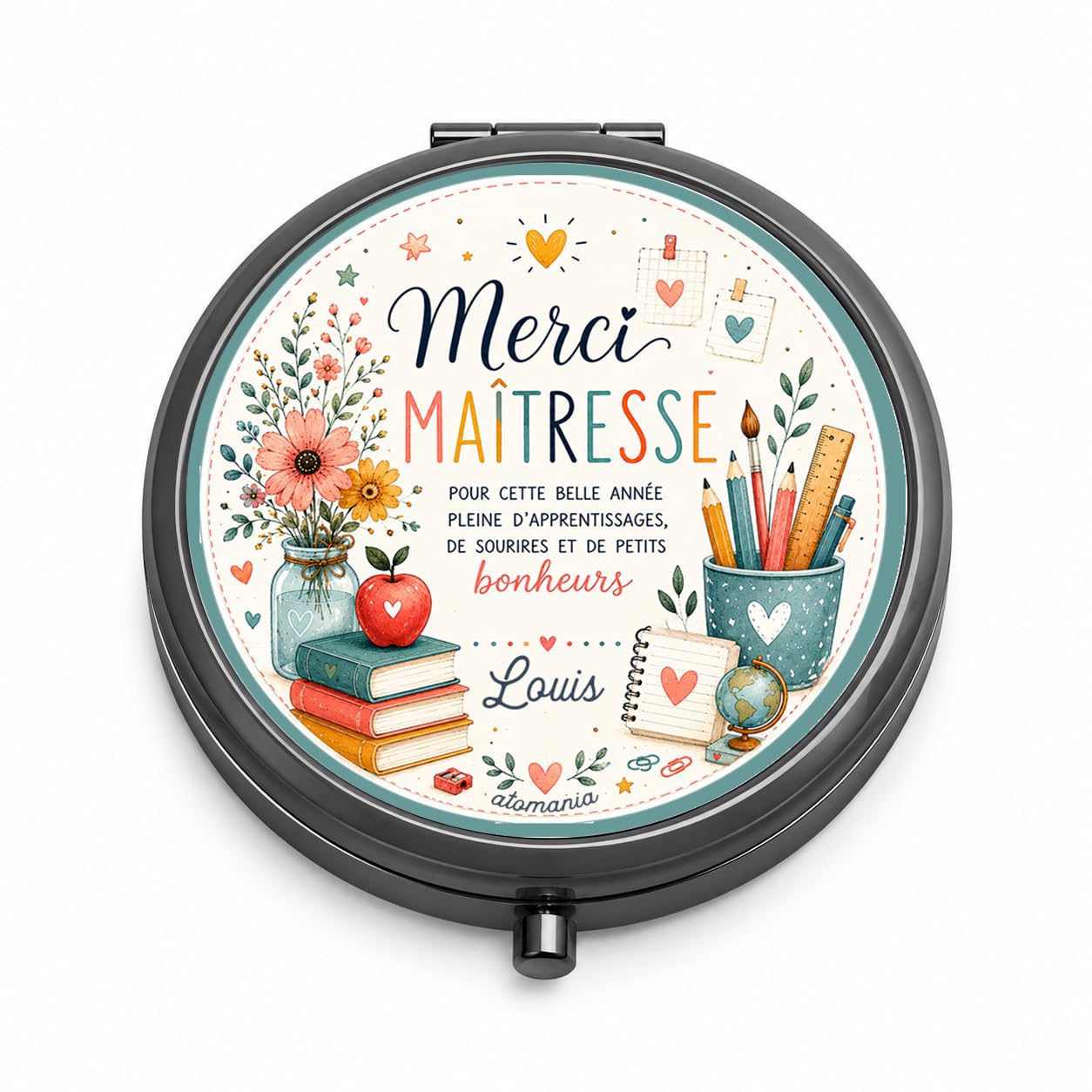 Miroir de Poche Merci Maîtresse Personnalisé – Cadeau Maîtresse Fin d'Année Scolaire avec Prénom – Cadeau Institutrice Original et Utile – Miroir Compact Femme