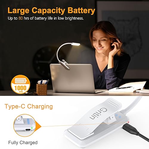 Vista 12 de Gritin Luz de libro recargable de 9 LED para leer en la cama, cuidado de los ojos, 3 temperaturas de color, brillo de atenuación continua, 80 horas