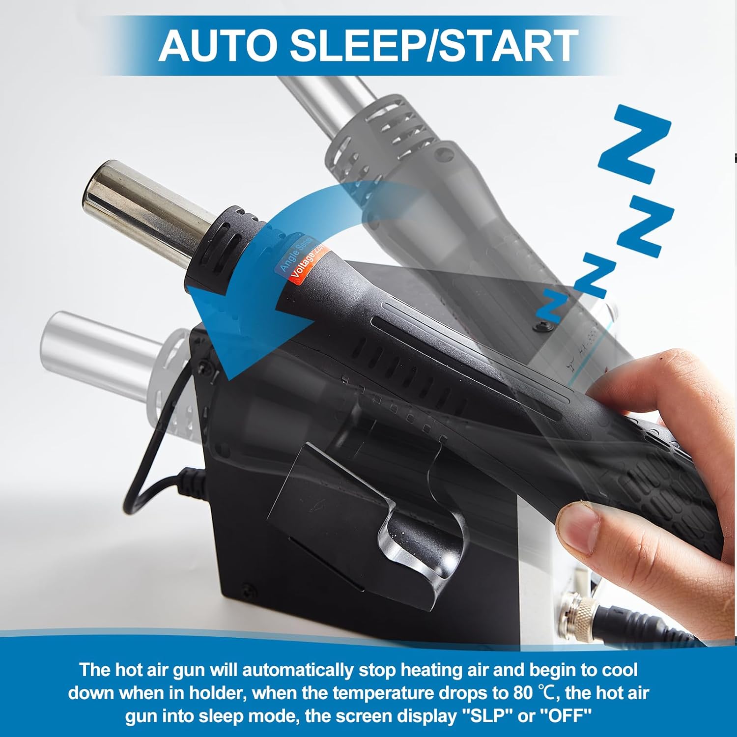 Hot air gun being placed into its holder, activating auto sleep mode