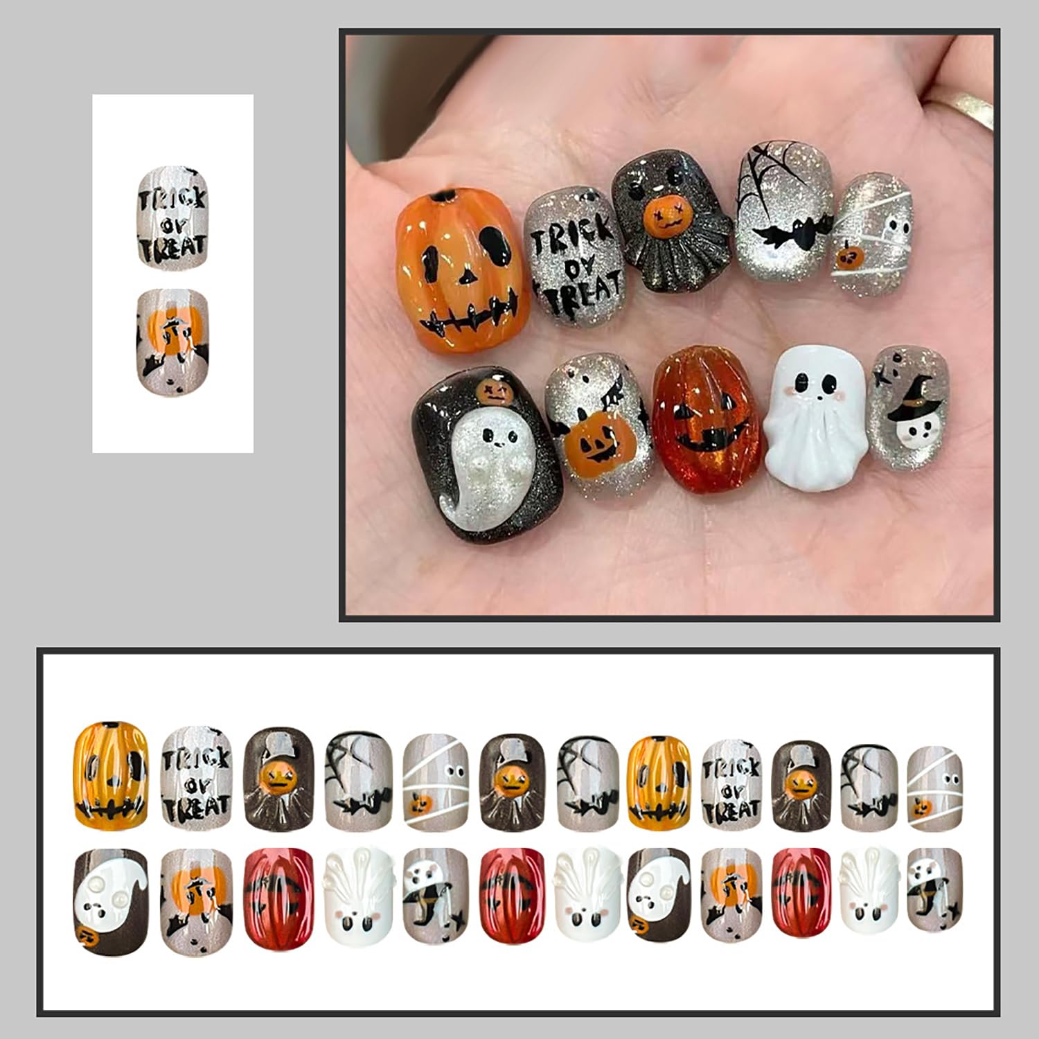 Halloween Press On Nails Short Square Fake Nails Cute Ghost Nail Press Ons With Pumpkin Bat Design Glitter Acrylic False Nails Halloween Holiday Glossy Glue On Nails For Women
