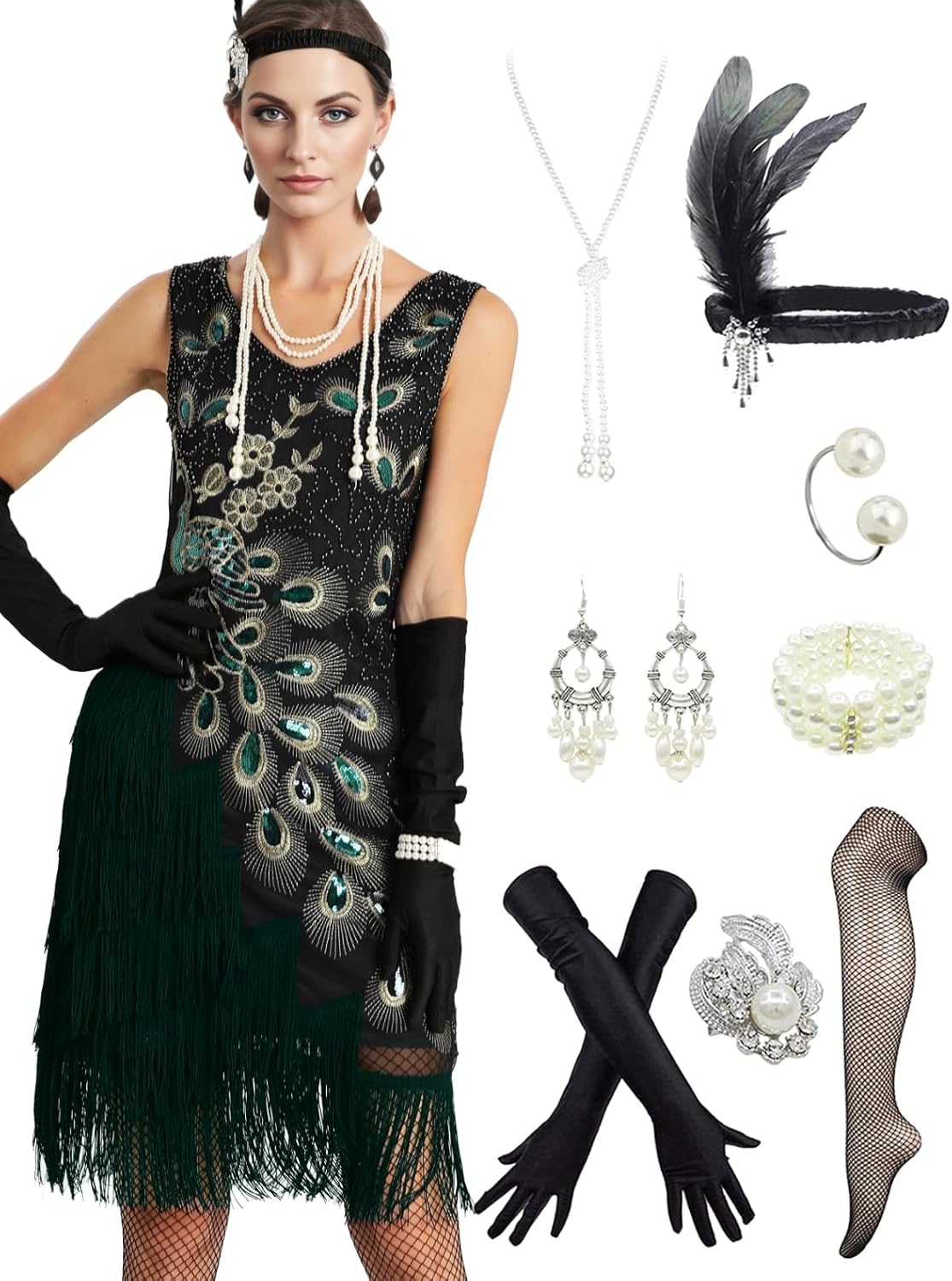 1920s Women Peacock Sequined Tassel Flapper Party Dresses w/ 20s Accessories Set