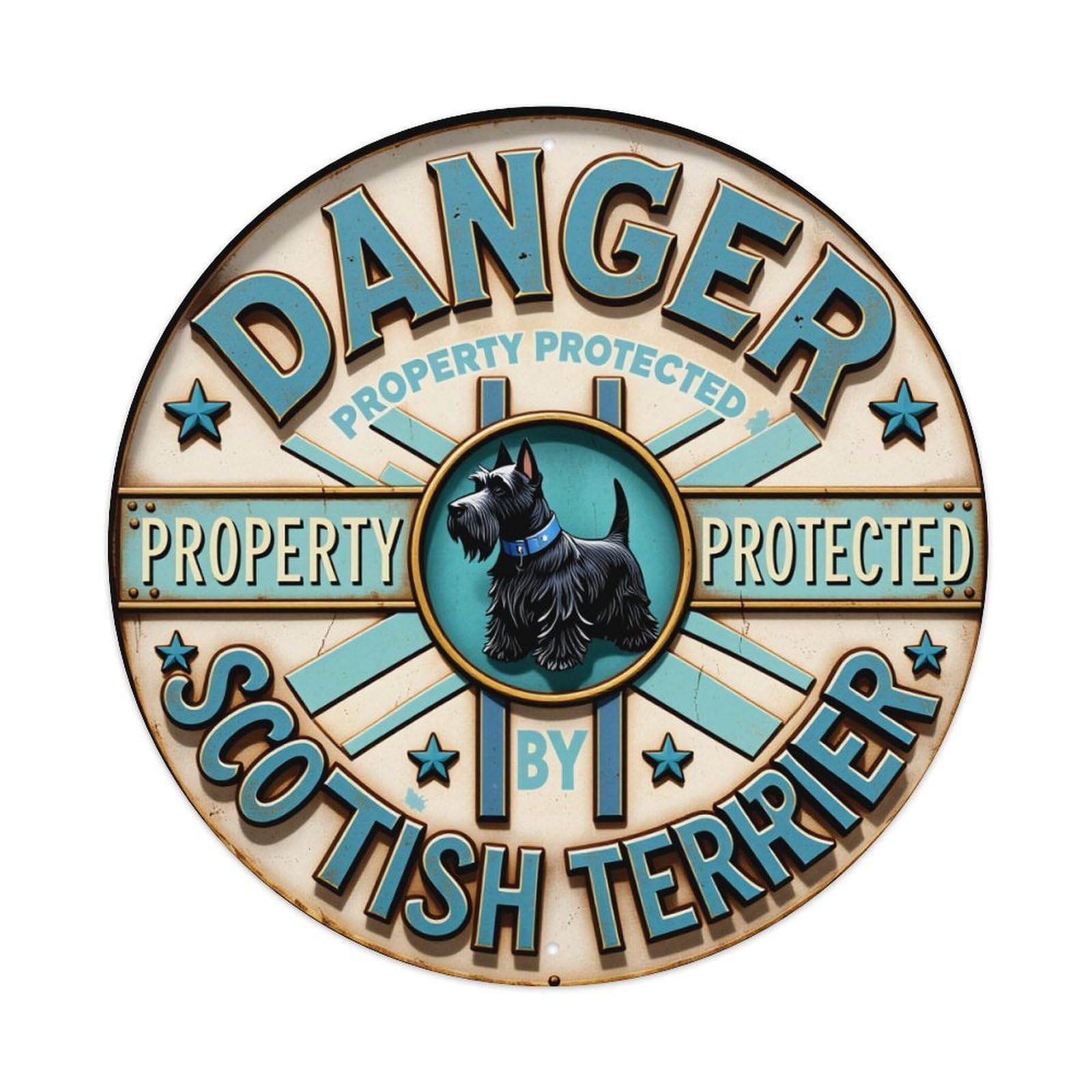 Danger Property Protected By Scottish Terrier Vintage Round Tin Sign Retro Metal Wall Decor Metal Poster, Home Bar Garage Cafe Wall Art Decoration 8x8Inches
