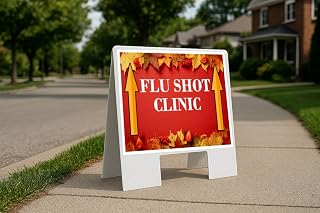 Flu Shot Clinic Autumn Frame Colorful Maple Leaves On Red Background Up Arrows A-Frame Single Sided 23x23 in. sign