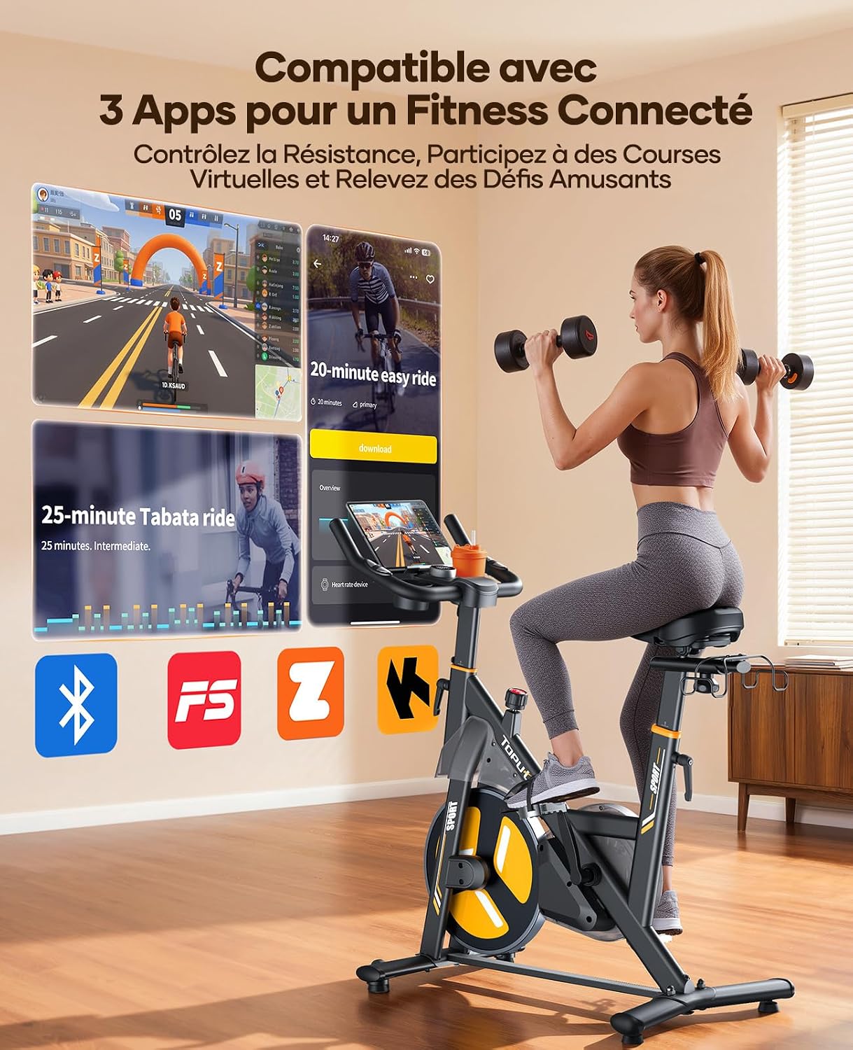 TOPUTURE Velo d Appartement, Vélo d'Appartement Silencieux avec Résistance Magnétique Électrique 32 Niveaux, Écran Tactile Haut de Gamme avec App et Capteur Cardiaque, Support Haltères, Capacité 150kg — vue 2