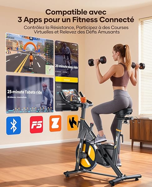TOPUTURE Velo d Appartement, Vélo d'Appartement Silencieux avec Résistance Magnétique Électrique 32 Niveaux, Écran Tactile Haut de Gamme avec App et Capteur Cardiaque, Support Haltères, Capacité 150kg - 2