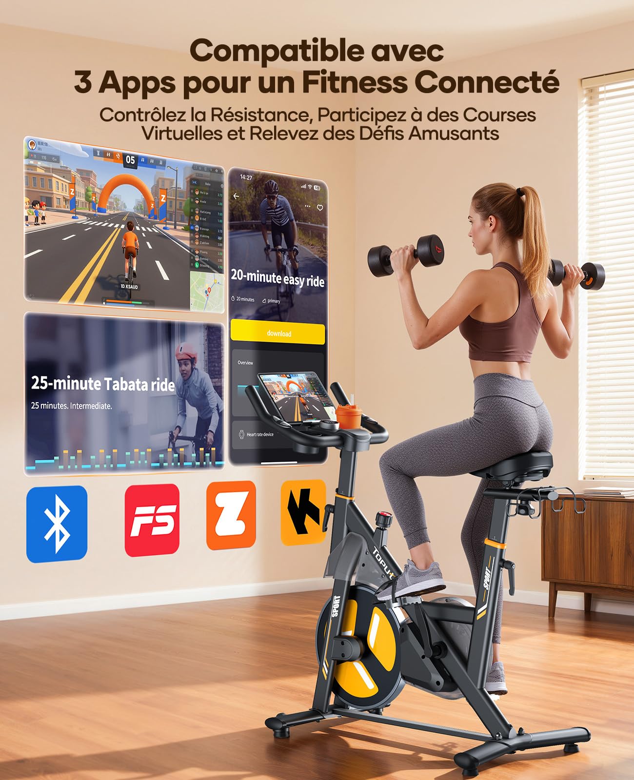 TOPUTURE Velo d Appartement, Vélo d'Appartement Silencieux avec Résistance Magnétique Électrique 32 Niveaux, Écran Tactile Haut de Gamme avec App et Capteur Cardiaque, Support Haltères, Capacité 150kg