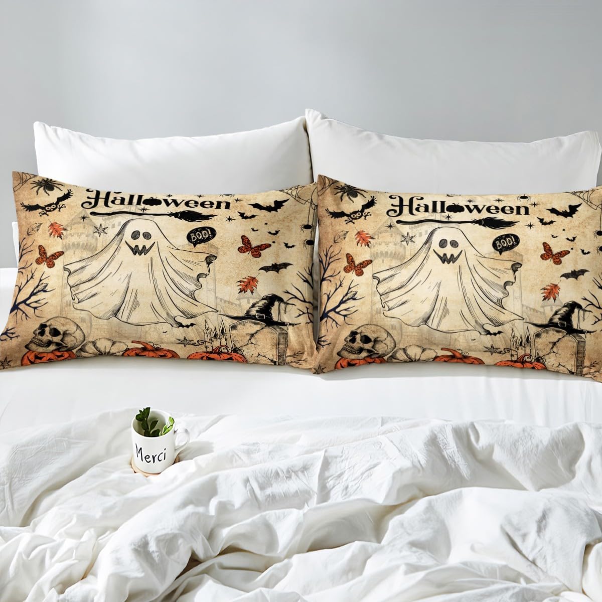 Cute Ghost Duvet Cover Set Queen Size for Kids Boys Girls,Pumpkin Lantern Sugar Skull Bedding Set,Halloween Bat Spider Web Comforter Cover Teens Vintage Brown Rustic Quilt Cover Bedroom Decor 3Pcs