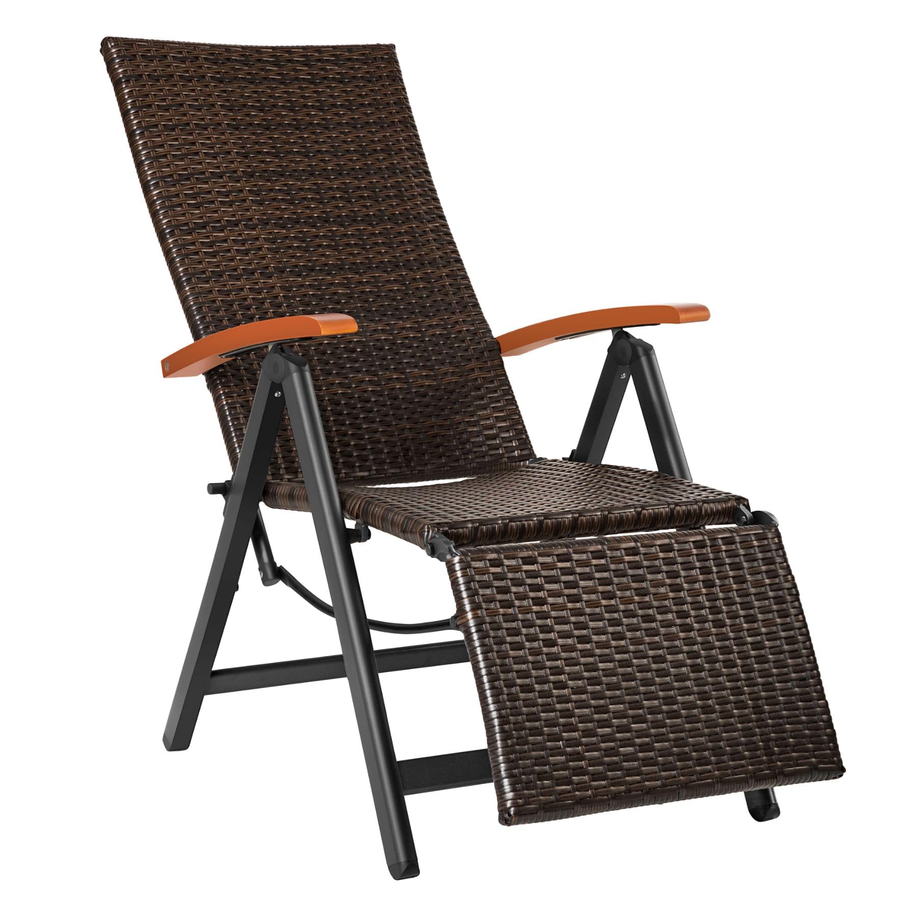 TecTake® Silla de Ratán y Aluminio Plegable, Respaldo Ajustable y Reposapiés, Silla Conjunto Jardín Exterior, Muebles Jardín Exterior Resistentes a Intemperie, Reposabrazos en Madera - marrón