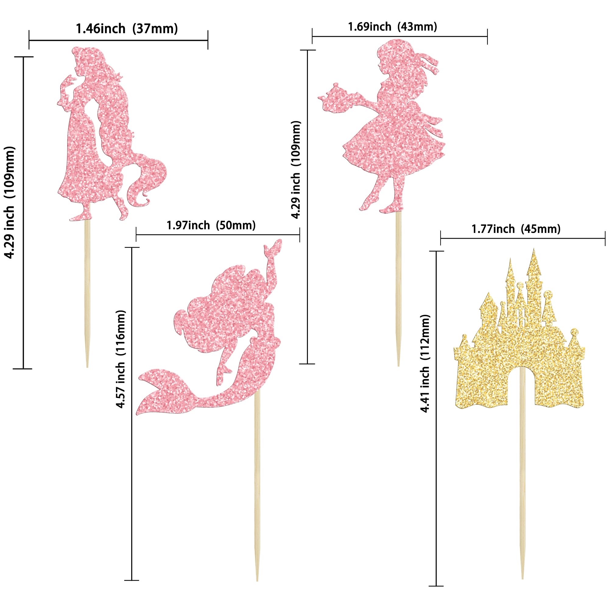 Ephlyn 24Pcs Mermaid Princess Cupcake Toppers Glitter Castle Girl Birthday Cupcake Picks for Mermaid Theme Baby Shower Girl Party Supplies Pink