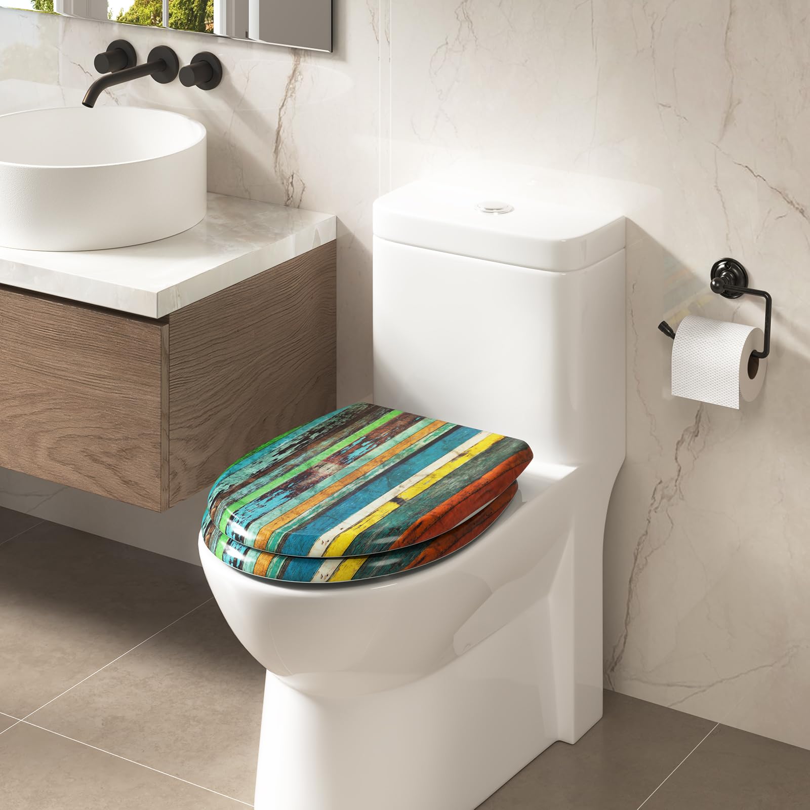 WOLTU Tapa WC Universal,Tapa WC de Liberación Rápida,Asiento para Inodoro, Asiento de Inodoro en Forma de O, Cierre Suave Lento, Bisagras Ajustables,Fácil De Montar