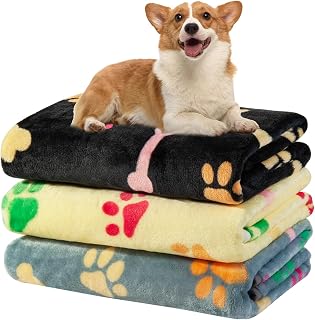 Dono 1 Pack 3 Blankets for Dogs, Soft Fluffy Paw Print Pattern Fleece Pet Blanket Warm Sleep Mat Cute Print Design Puppy Kitten Blanket Doggy Mat for Dog Doggy (Black/Yellow/Gray, M(30 * 20"))
