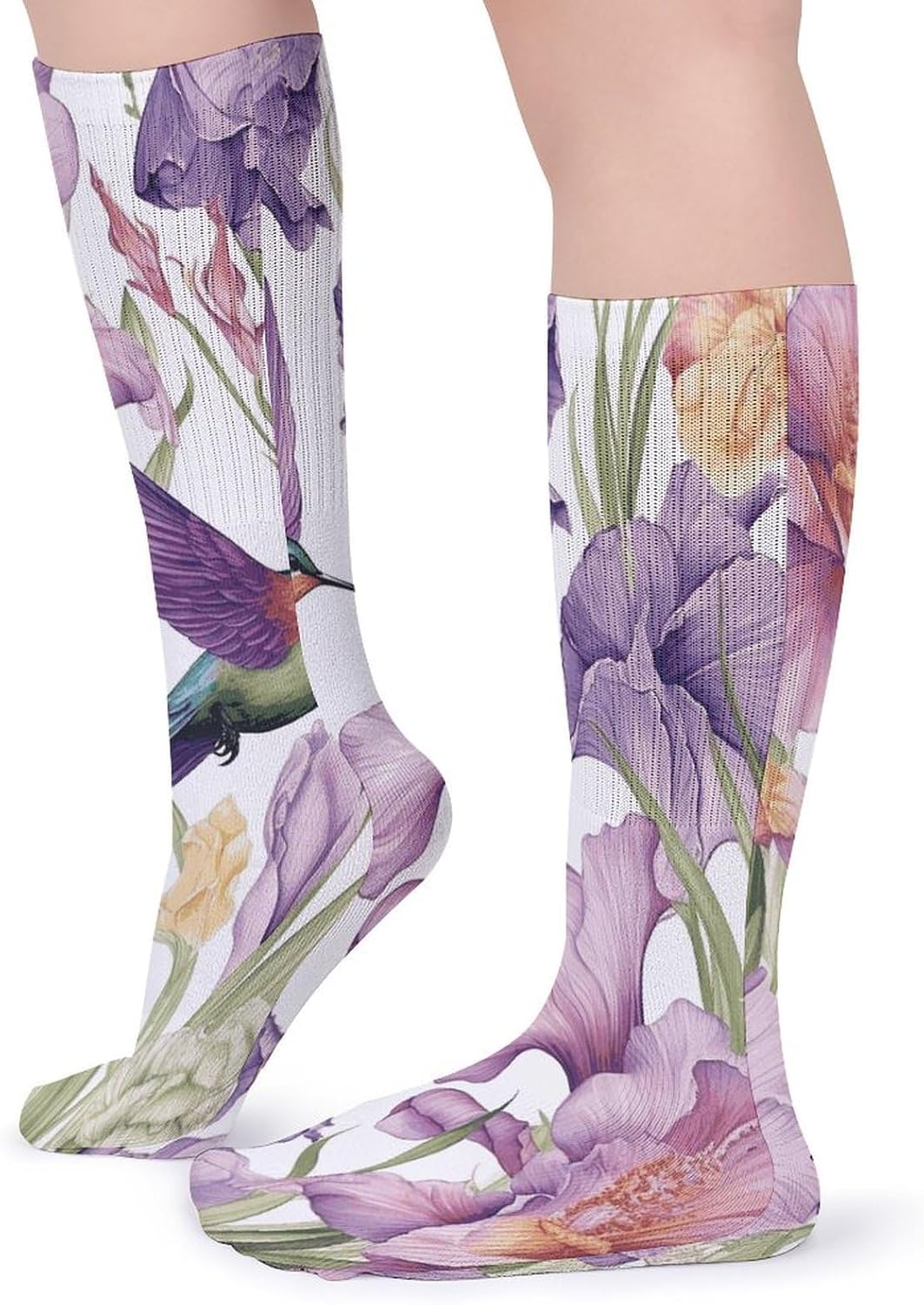 Hummingbirds Irises Flowers Crew Socks Casual Breathable Calf Socks | Cushion Running Athletic Socks Long Performance Breathable Sports Socks for Women Men