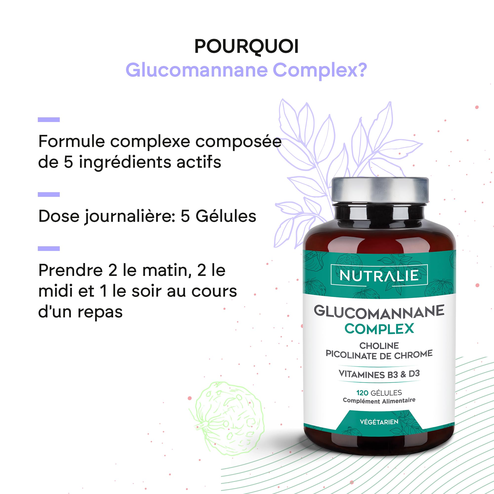 Konjac Glucomannane 3000mg Contribue à la Perte de Poids Dans Régime Hypocalorique - Bitartrate de Choline + Picolinate de Chrome Vitamines B3 D3-120 Gélules Végétales Glucomannan Complex Nutralie