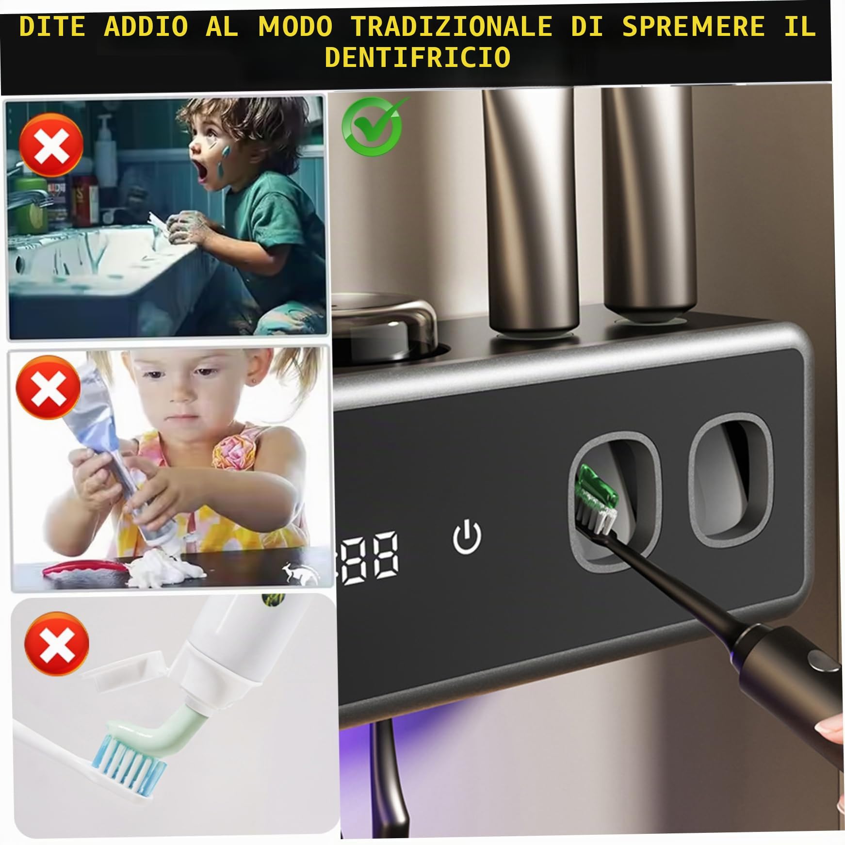 Portaspazzolino intelligente da parete con dispenser automatico di dentifricio UV, organizer per spazzolini elettrici con funzione di asciugatura, nero