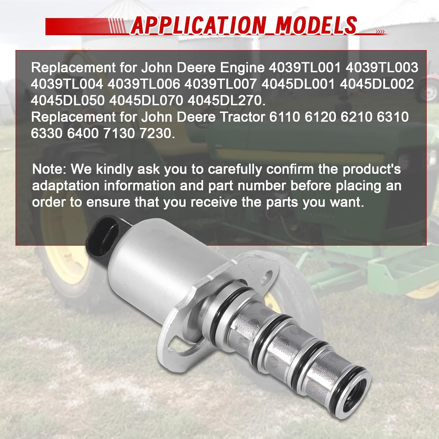 Solenoid Valve, AL158332 17616-6857 176166857 1pc Engine Solenoid Valve Replacement for John Deere Engine 4039TL001 4039TL003 for Tractor 6110 6120 6210 6310 6330 6400 7130 7230