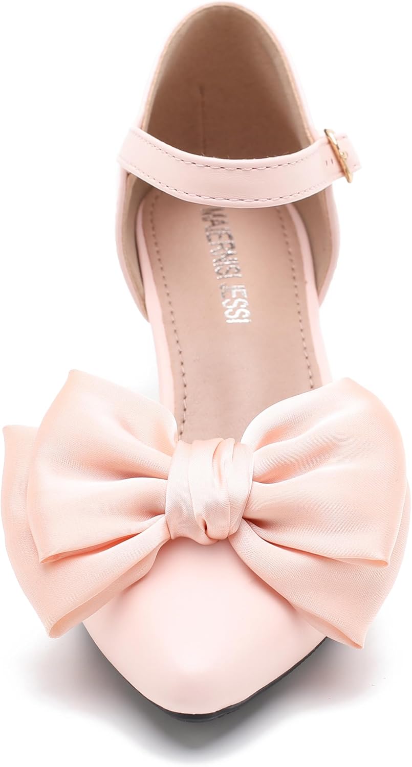 MAIERNISI JESSI Women's Kitten Heel Pumps with Bow, Ankle Strap, Pointed Toe, D'Orsay Style