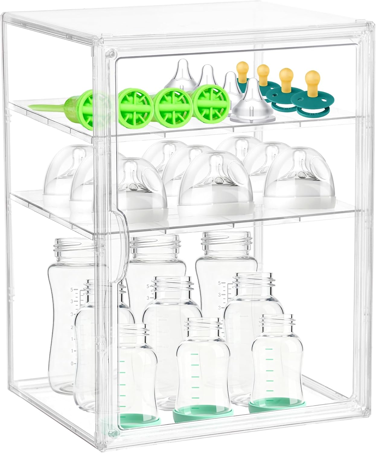 Baby Bottle Organizer, 3-Tier Clear Bottle Station Organzier for Countertop Cabinet, Acrylic Storage Organizers Container with Magnetic Door for Bottles, Pacifiers, Pump Parts