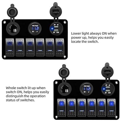 Miniatura 3 de FXC Panel de interruptor basculante de metal de aluminio para barco 6 bandas con doble ranura USB  encendedor de cigarrillos  pantalla digital de