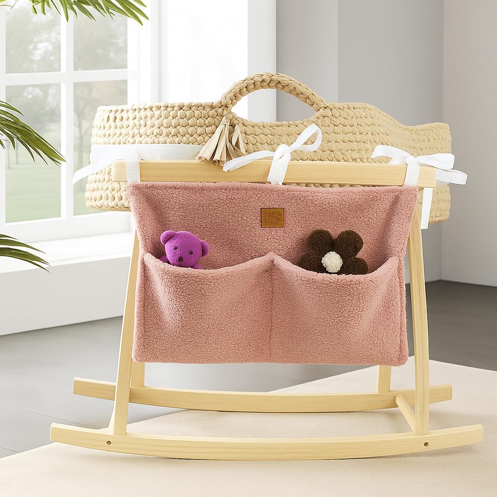 Adm&Eve Bedside Diaper Caddy – Teddy Material With 2 Compartments for Baby Carrier, Crib, Stroller & Changing Table, Hanging Storage Organizer (Dust PINK)