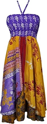 Mogul Interior Women's Halter Dress Upcycled Sari Double Layer Sari Dresses S/M