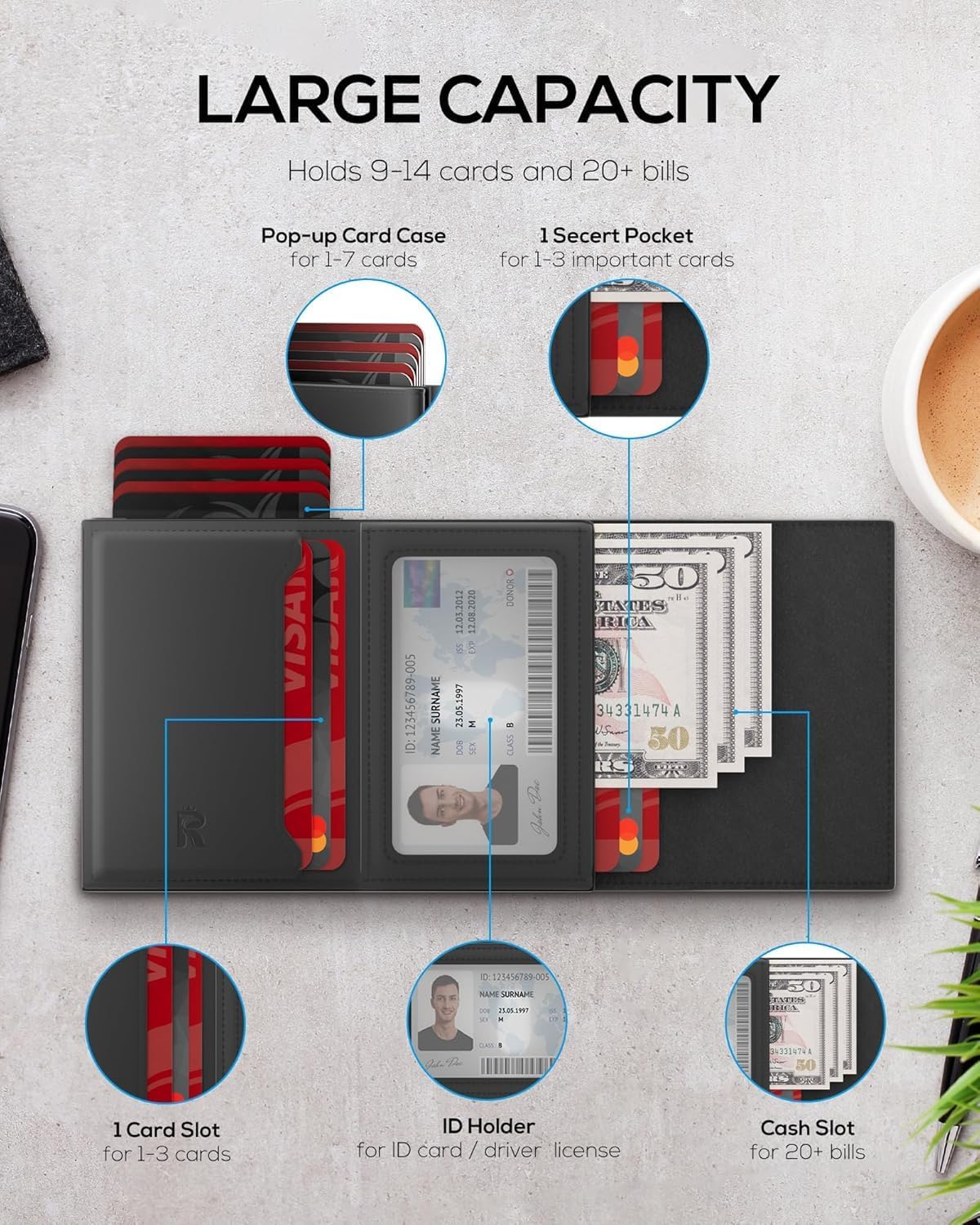 Mens Wallet Card Holder - Smart Wallet for Men, Pop Up Card Case, Top Grain Leather, RFID Blocking, Slim, Minimalist, Ultra Thin, Front Pocket, 9-14 Capacity | ID Window | Cash Slot | Breeze Shop - Image 3