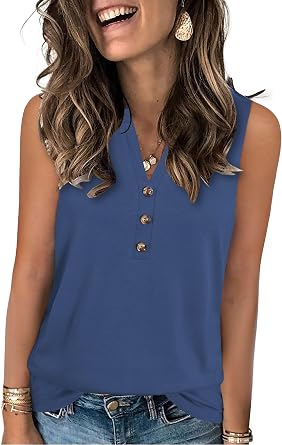 XMTOPYE Womens Summer Tank Top V Neck Sleeveless Tops Button Shirts Loose Fit Basic Clothes