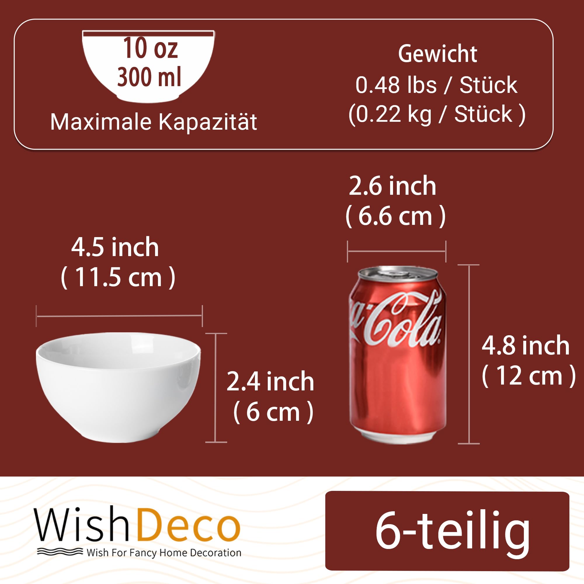WishDeco Dessertschalen 6er Set, Kleine Müslischalen 300ml, Suppenschalen Porzellan Weiß, Snackschale Keramik, Mini Bowl Schüssel für Eis, Joghurt, Nüsse
