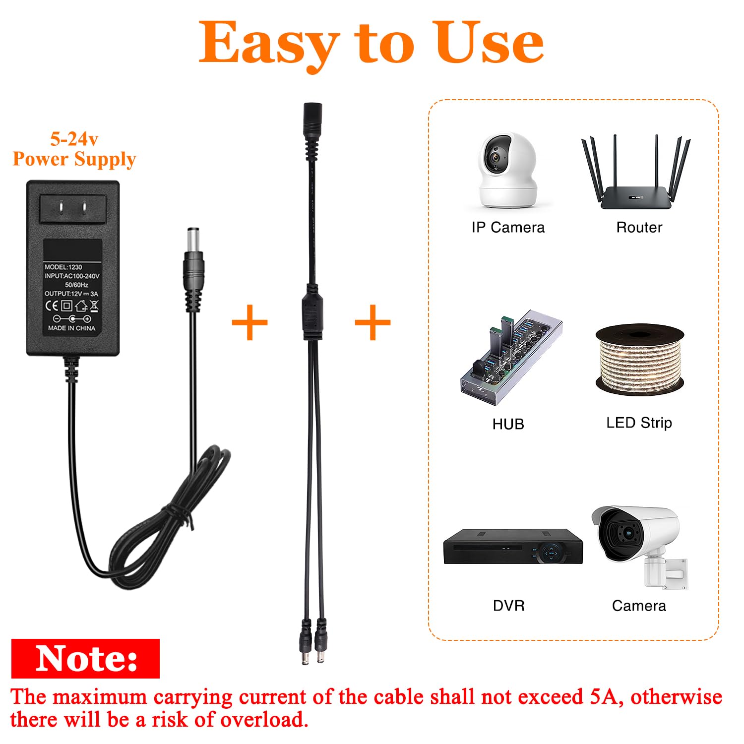 KUOQI 2 Pezzi 5.5x2.1 mm 5-24 V 1 Femmina a 2 Maschi Cavo Splitter DC, Cavo Splitter di Alimentazione DC a 2 Vie per Telecamere CCTV