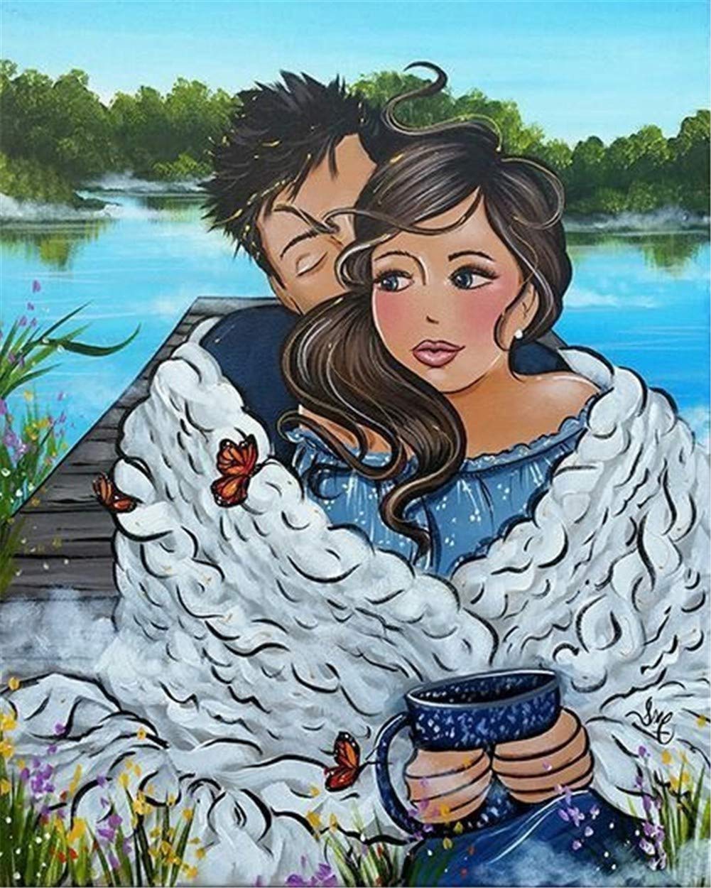 Point de croix diamant amoureux au bord du lac pour s'évader chez soi