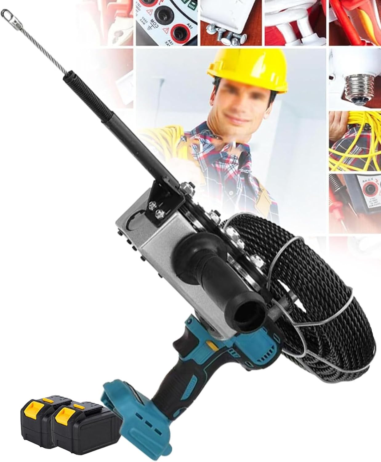 Portable Electric Fish Tape, Pipe Threader, Highly Auto Wire Threading Machine with 2 Batteries, for Construction Hydropower Network Communication