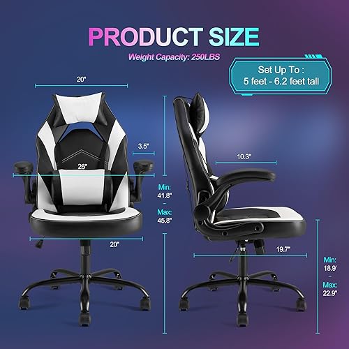 Miniatura 3 de Silla ergonómica de escritorio para juegos de computadora, piel sintética con soporte lumbar ajustable y reposacabezas, reposabrazos abatibles,
