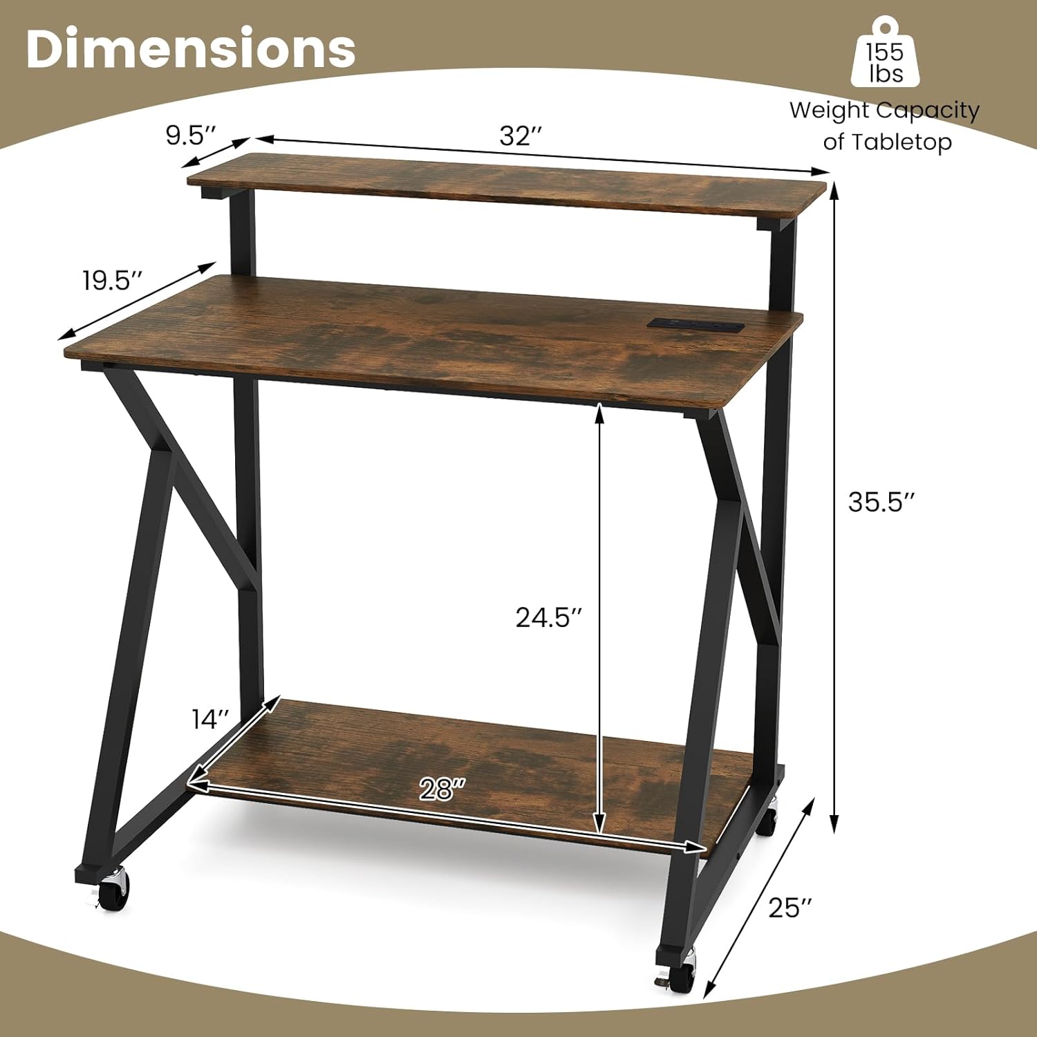 Tangkula Rolling Computer Desk Cart with Power Outlets, 32" Mobile Portable Laptop PC Desk with Monitor Stand, CPU Stand & Storage Shelf, Compact Small Desk on Wheels for Small Space (Rustic Brown)