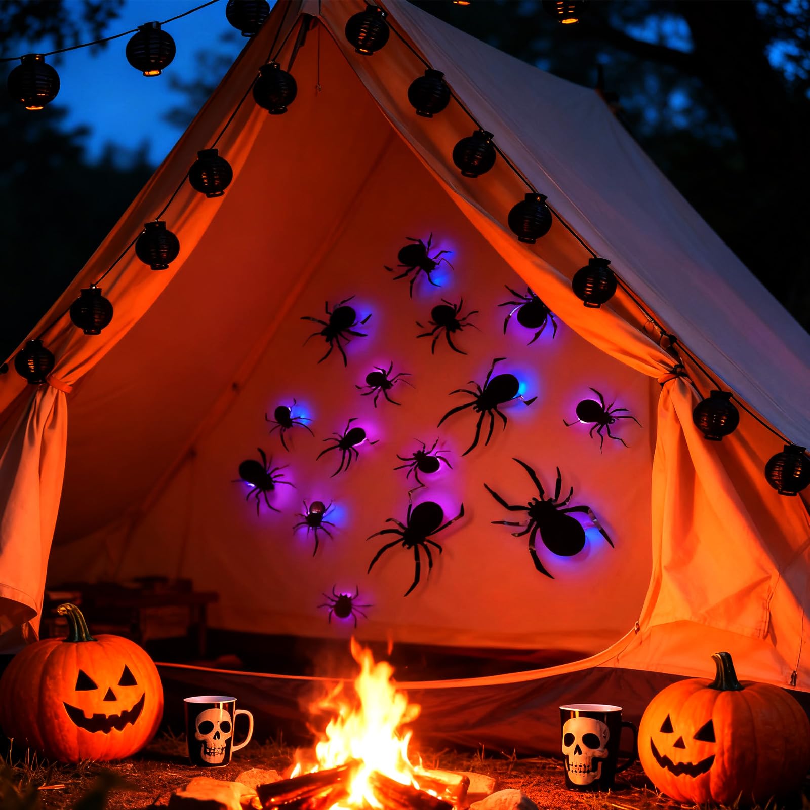 ALEGRE Dekoracja na Halloween, 10 sztuk, pająki 3D, dekoracja LED, świecące pająki, naklejki ścienne w 4 różnych rozmiarach, dekoracja LED na okno, drzwi, ścianę
