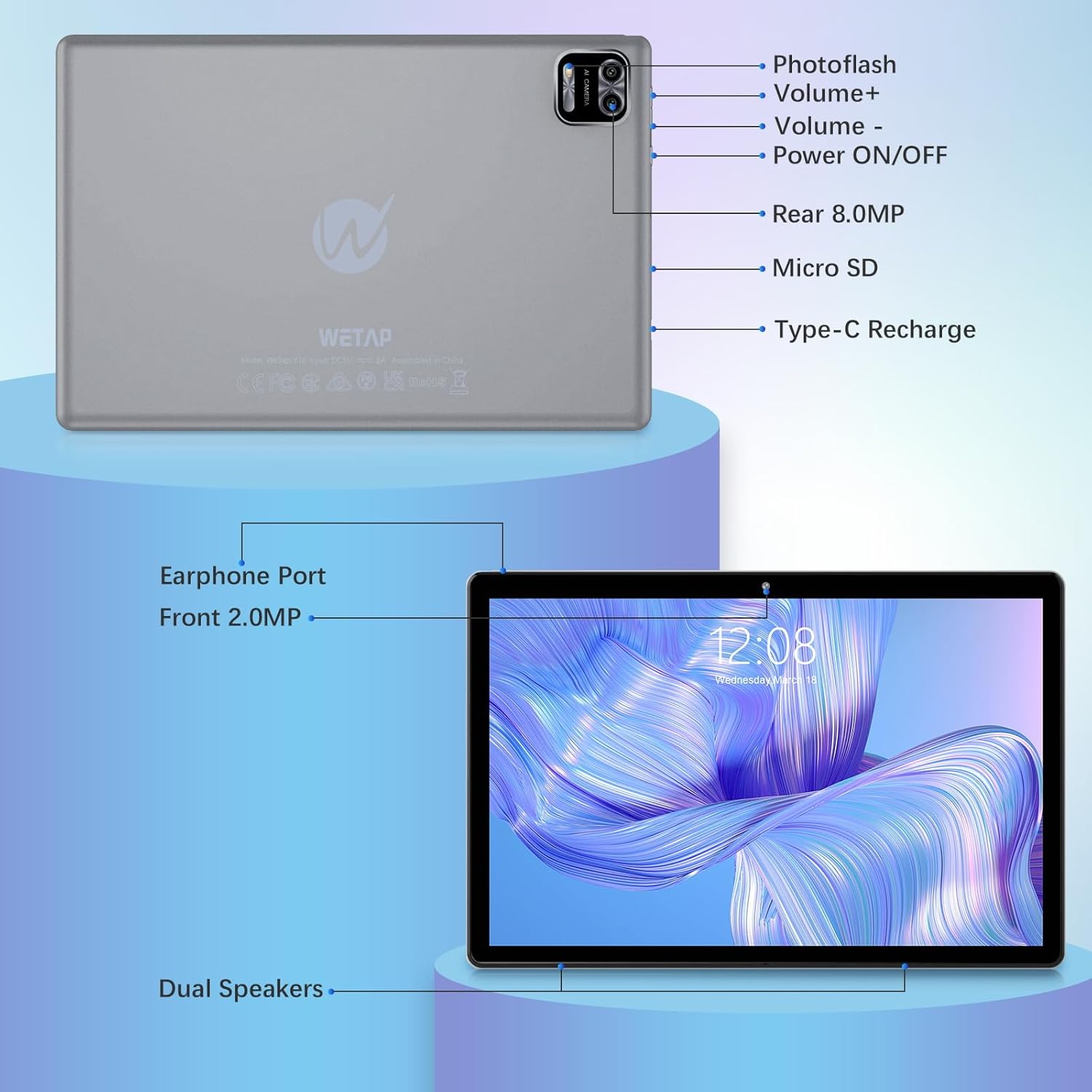 WeTap Android 12.0 Tablet 10 pollici Y10, 3GB RAM 64GB Storage, 2MP + 8MP Dual Camera, Quad-Core, 1280x800 | Wi-Fi | Bluetooth | 6000mAh | Google GMS Certified | Grigio WeTap Android 12.0 Tablet 10 pollici Y10, 3GB RAM 64GB Storage, 2MP + 8MP Dual Camera, Quad-Core, 1280x800 | Wi-Fi | Bluetooth | 6000mAh | Google GMS Certified | Grigio