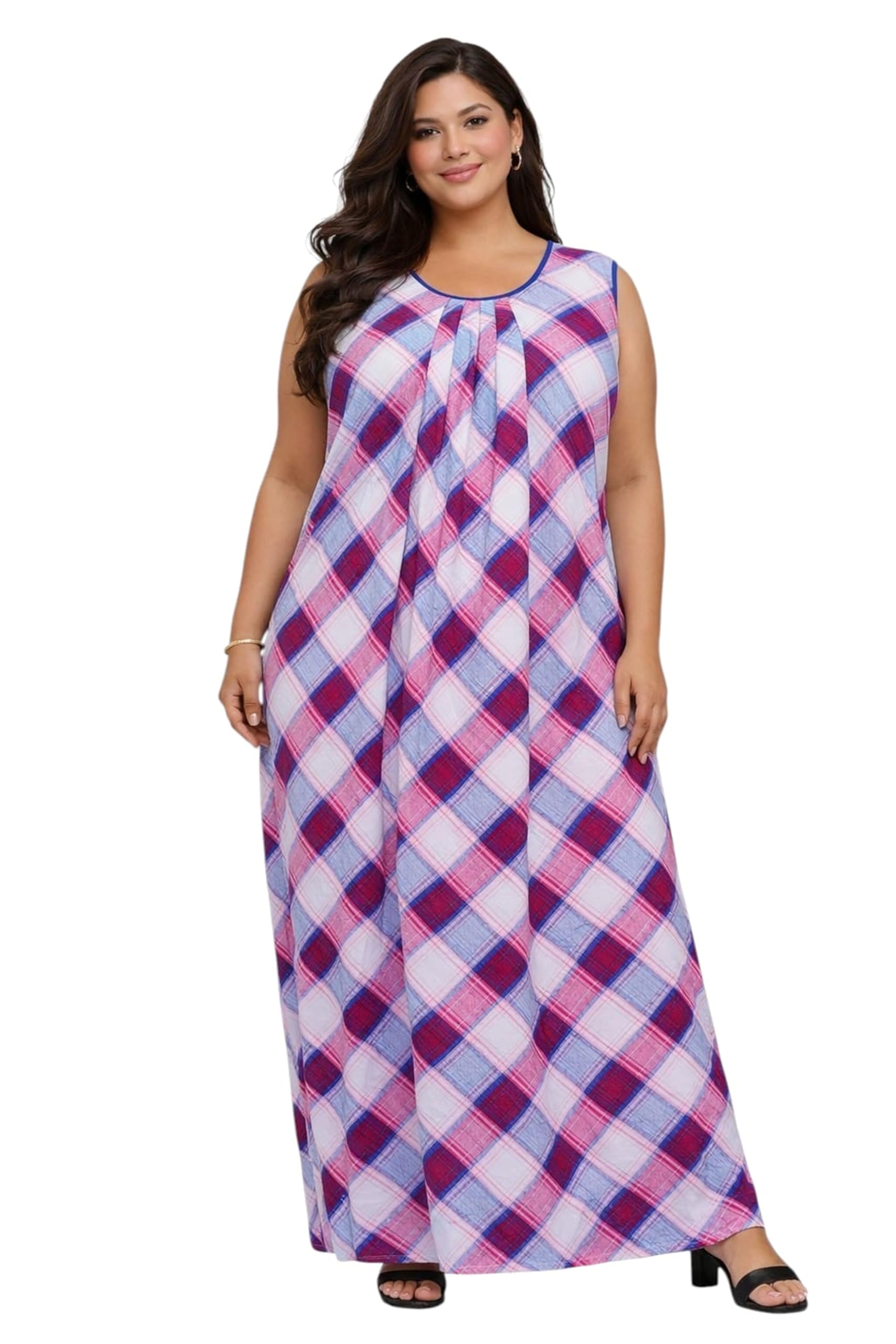 manvicare Plus Size Rayon Fabric Sleeveless Check Print Nighties Maxi Nightdress Nightgown for Women and Girls-picture-20