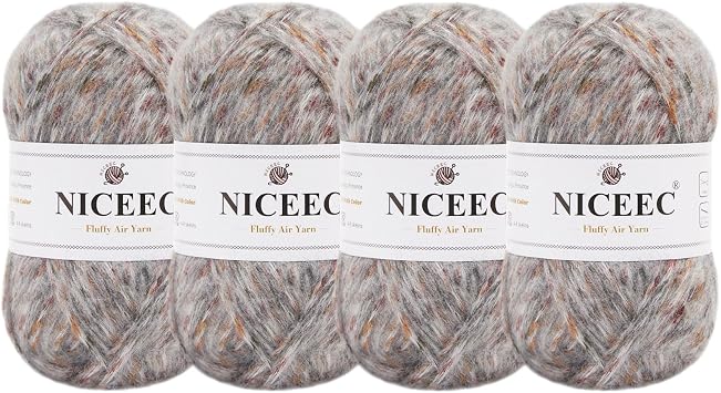 NICEEC 4 Skeins Fluffy Air Yarn for Crocheting & Knitting, Soft & Colorful, Wool-Acrylic Blend, 3 DK Light Worsted Weight, 610 Yards Total 7.05oz - Ink Wash