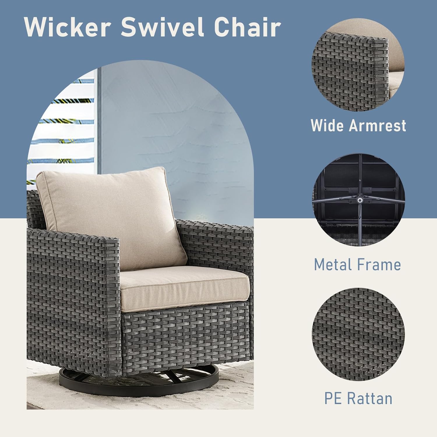 Wicker Patio Furniture Set: 7-Piece Outdoor Furniture with 2 Swivel Chairs, 1 Side Table, 1 Coffee Table, 2 Ottomans, and 1 Outdoor Couch - Grey/Beige