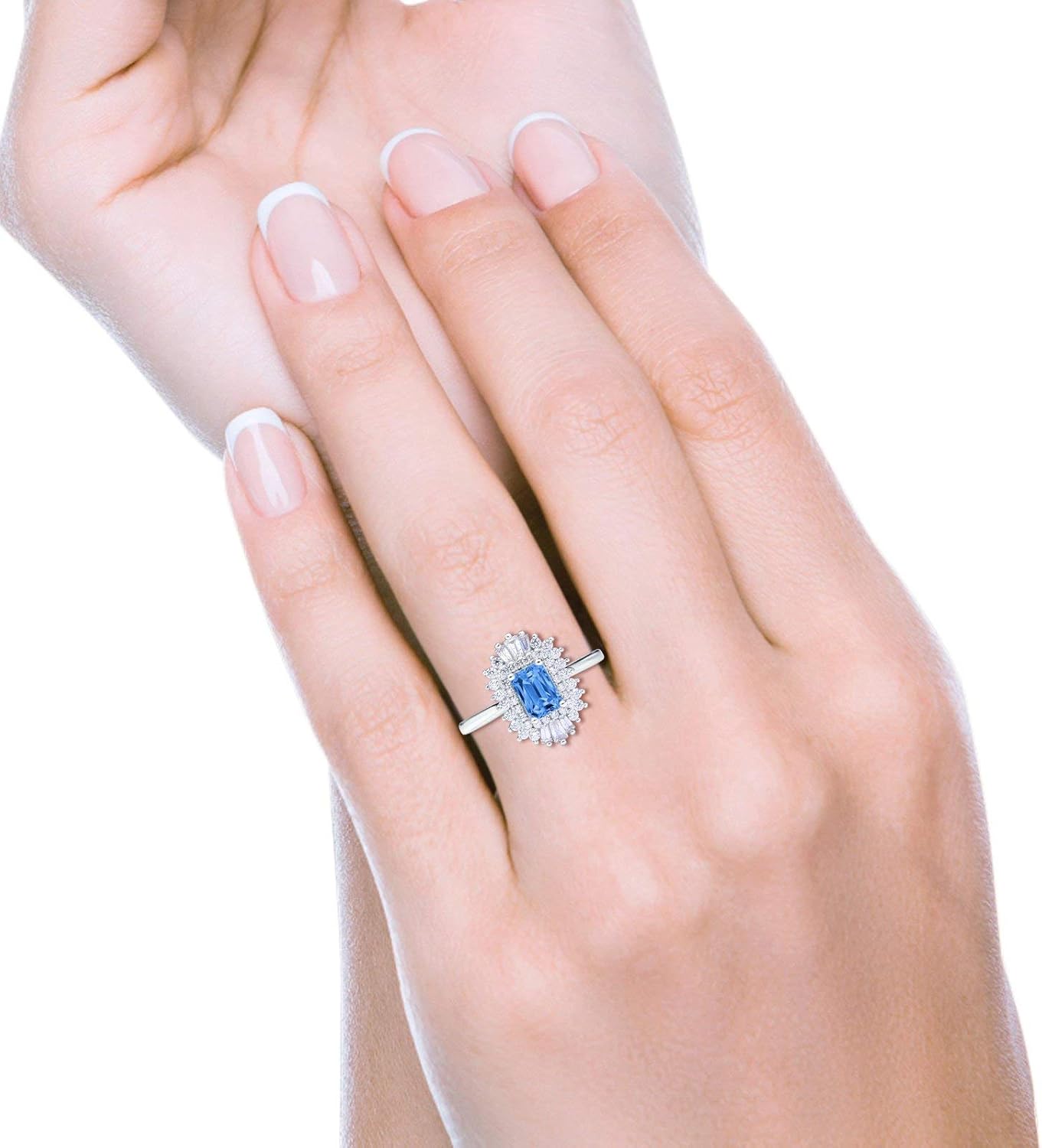 Blue Apple Co. Emerald Cut Vintage Art Deco Halo Wedding Bridal Engagement Ring Baguette Simulated Cubic Zirconia 925 Sterling Silver