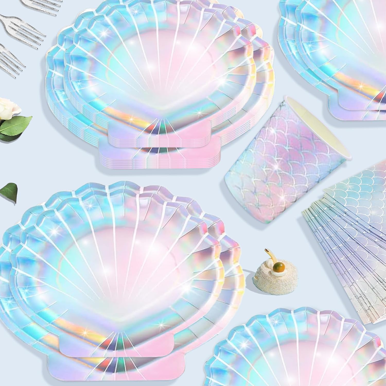 Summer Mermaid Party Supplies for Girls Baby Shower Birthday Party Under the Sea Themed Decor Iridescent Shell Plates Napkins Cups Knives Forks Tablecloths Banners Serves 20 Guests 122PCS