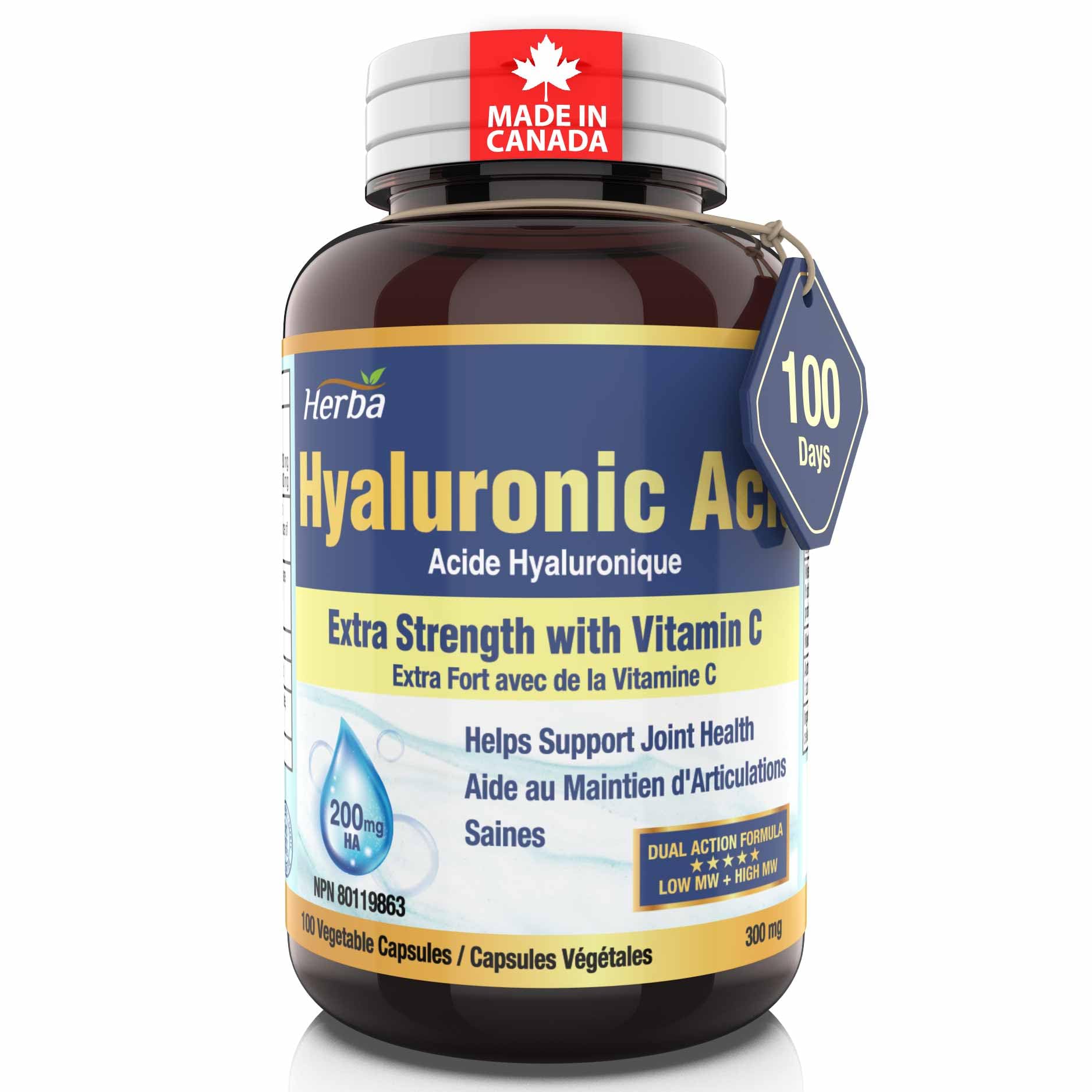 Herba Hyaluronic Acid Supplement 200mg - 100 Capsules | 100% Purity Hyaluronic Acid Capsules with Vitamin C to Support Joint and Bone Health | Made in Canada