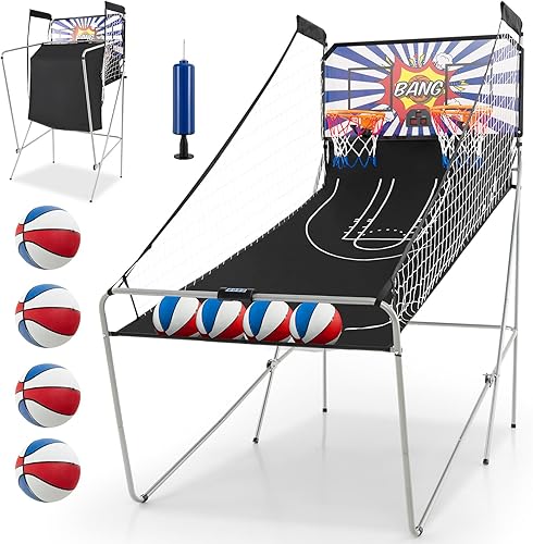 Vista 27 de Goplus Juego de arcada de baloncesto plegable de doble tiro, juego de aro de baloncesto con puntuación electrónica, 8 modos de juego, 4 bolas, Negro