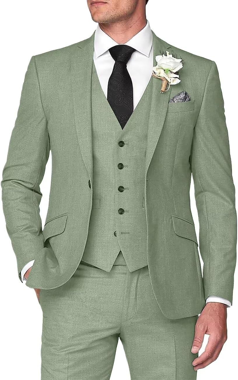 Mens 3 Pieces Summer Linen Suit Beach Wedding Slim Fit Blazer Grooms Suits