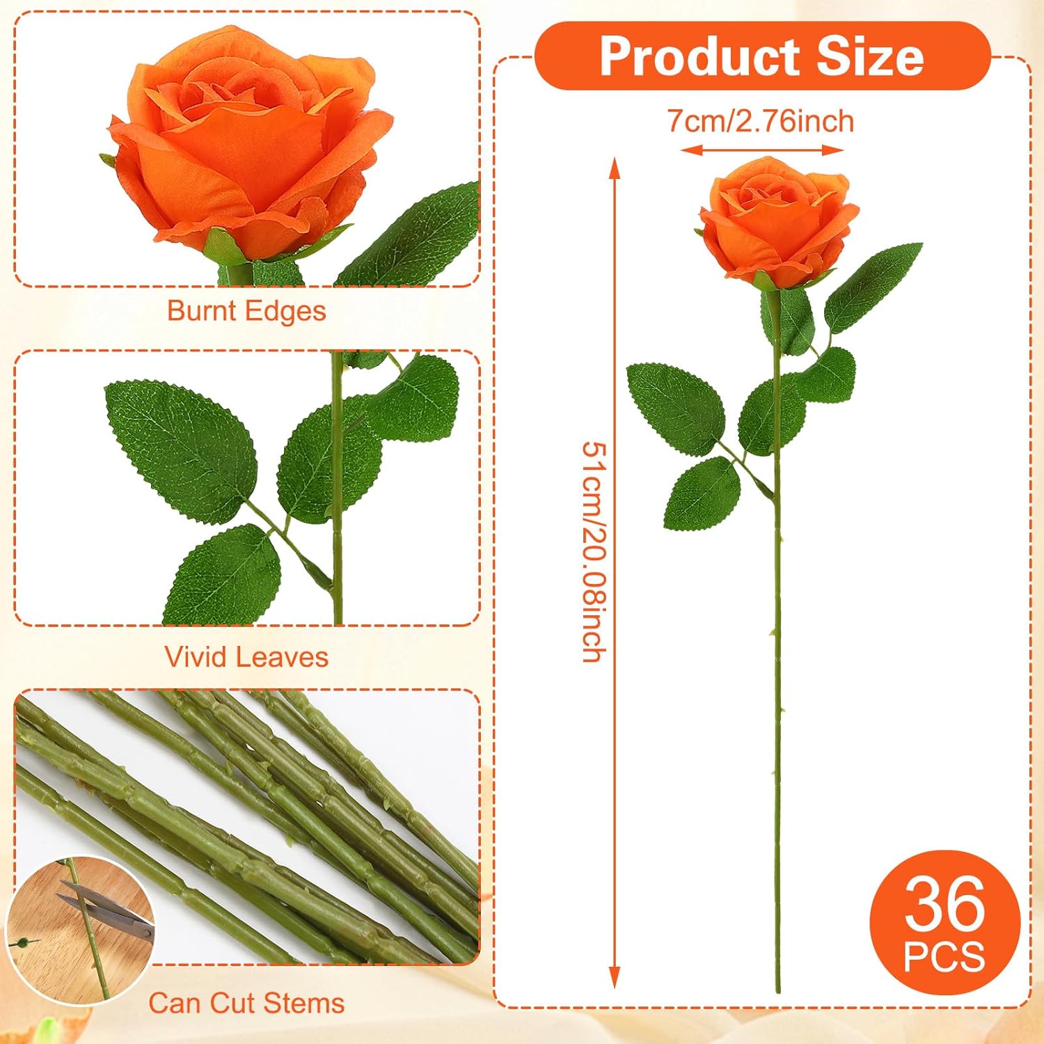 36 Pcs Orange Artificial Roses with Long Stems, Fake Silk Rose Artificial Flowers Bulk for Bridal Wedding Bouquet Centerpiece Ball Arrangement Party Decor - Image 2