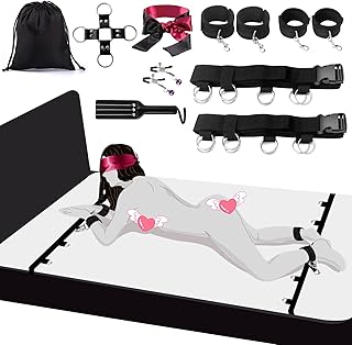 Kit de Contention au lit, Sex Toýs Femme XOPLAY Ensemble de Contention Sexuelle Sous le Matelas avec Poignets et Chevilles, Jeu Sexuel BDSM pour Couple, Bandeau, Chatouilleuse et Pinces à Tétons